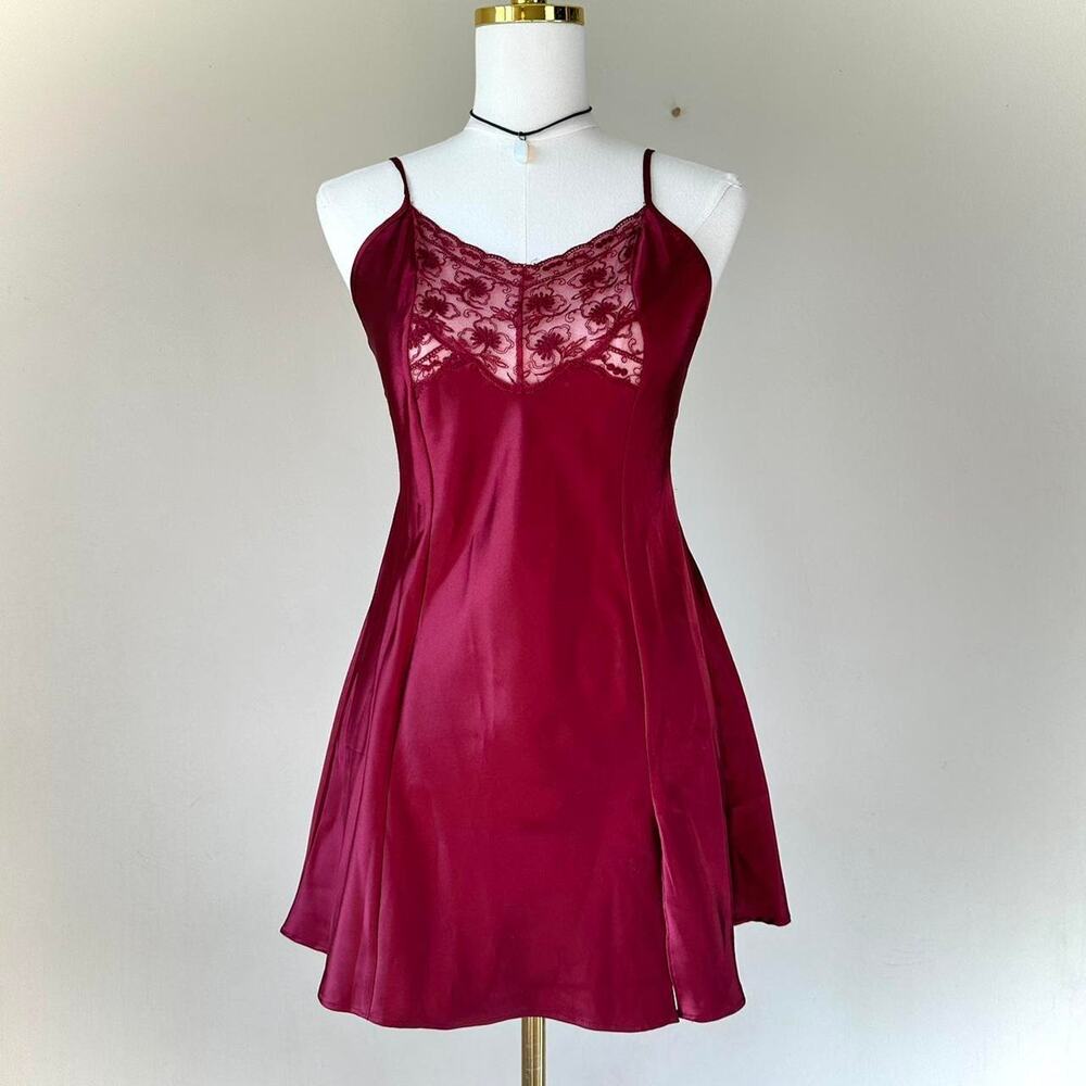 Vintage Victoria’s Secret Maroon Deep Red Lace Satin Mini Slip Dress - Small
